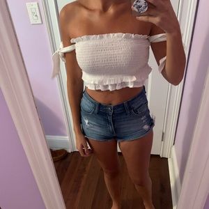 White “pirate” style crop top with tie sleeves